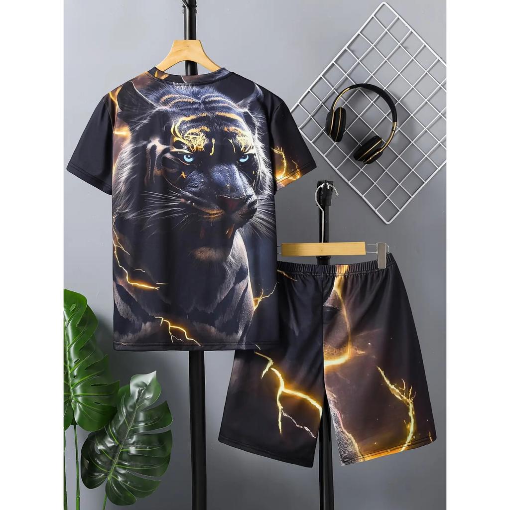 Boys' Casual 3D Lightning Tiger Print Round Neck Set, Short Sleeved Two-piece Set, Suitable for Outdoor Sportswear