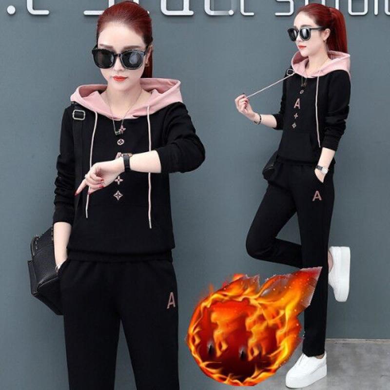 Autumn and Winter Loose Hooded Sweater Two-piece Women's Thickened Hoodie Leisure Sports Suit Plus Velvet Thickened Women