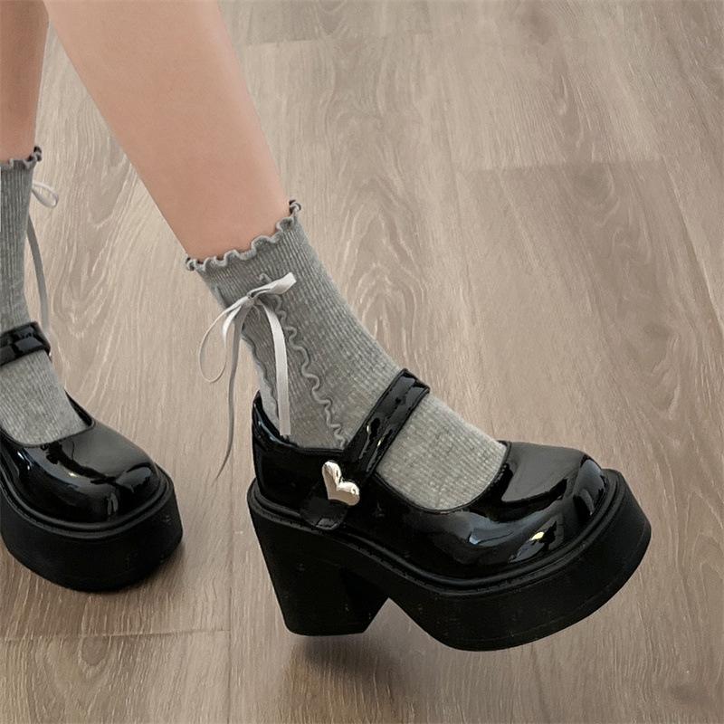 Round head heightened platform small leather shoes women's autumn and winter with skirts Mary Jane shallow mouth single shoes