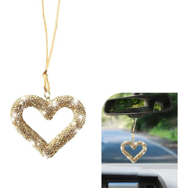 Bling Heart Car Hanging Accessories, Crystal Rhinestone Rearview Mirror Hanging Ornaments, Cute Diamond Rear View Mirror Charm Pendant Ornaments,