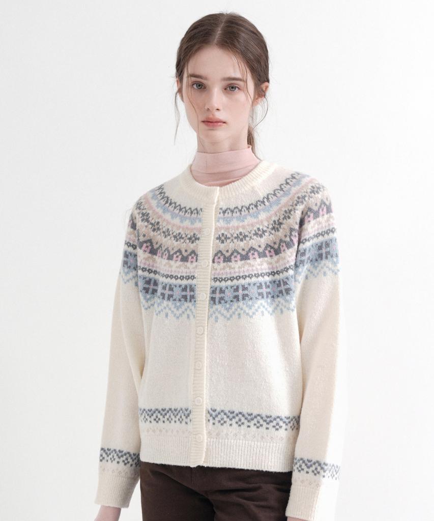 Vleti Nordic Round Neck Knit Cardigan (Cream)