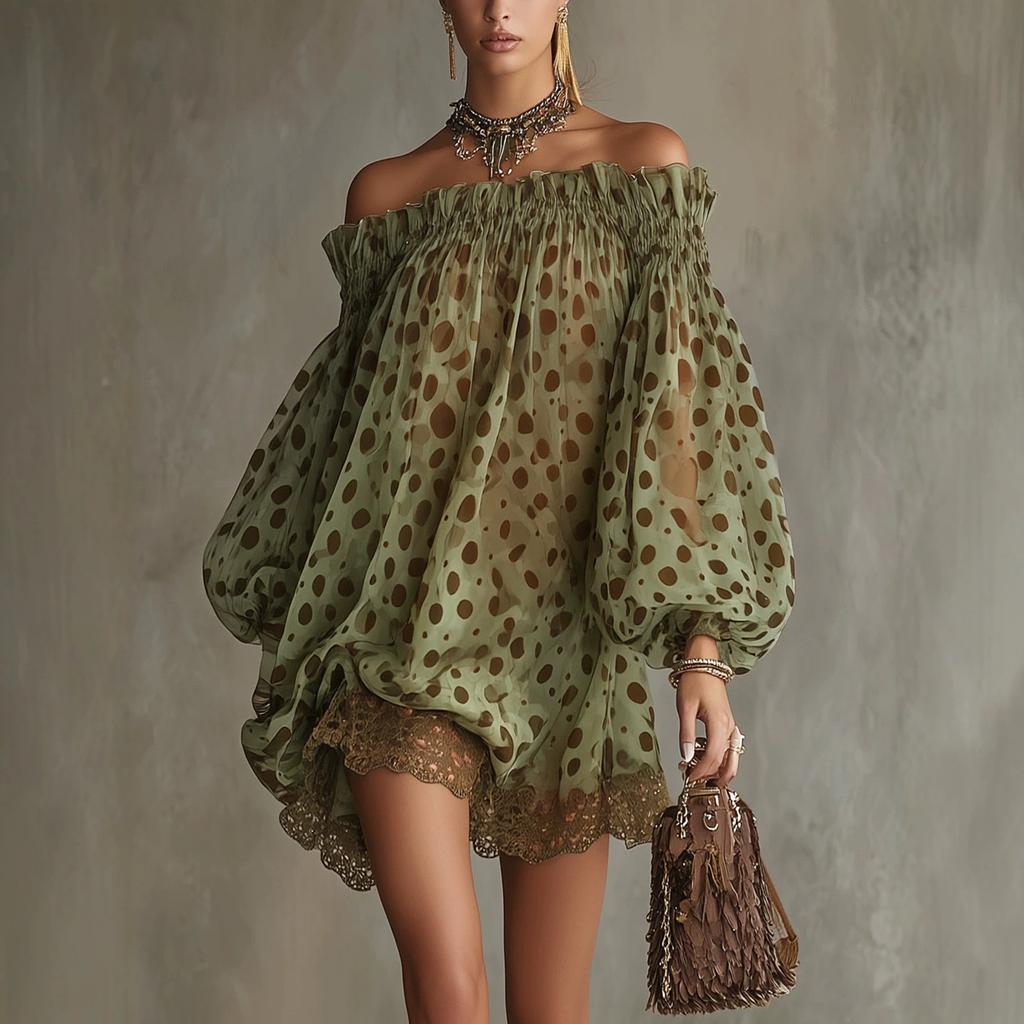 Women's Off-Shoulder Polka Dot Chiffon Puff Sleeve Dress
