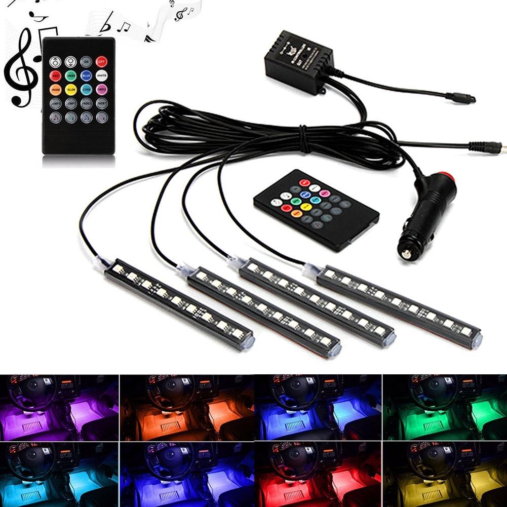 4Pcs 9LEDs Strip Light Wireless Remote/Voice Control Car RGB LED Neon Interior Lamp Decorative Lights