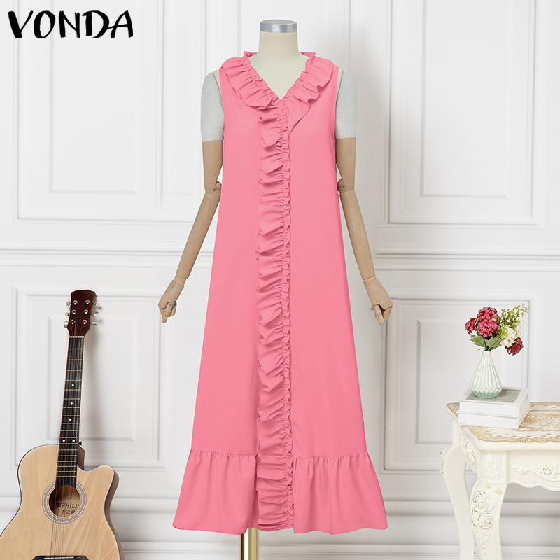 

VONDA Женские летние платья макси с оборками, V-образным вырезом, без рукавов, праздничные, плиссированные, сарафан 4XL розовый