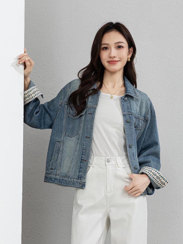 Xin Ge Combed Cotton Denim Short Jacket - Modern Retro Lapel Design