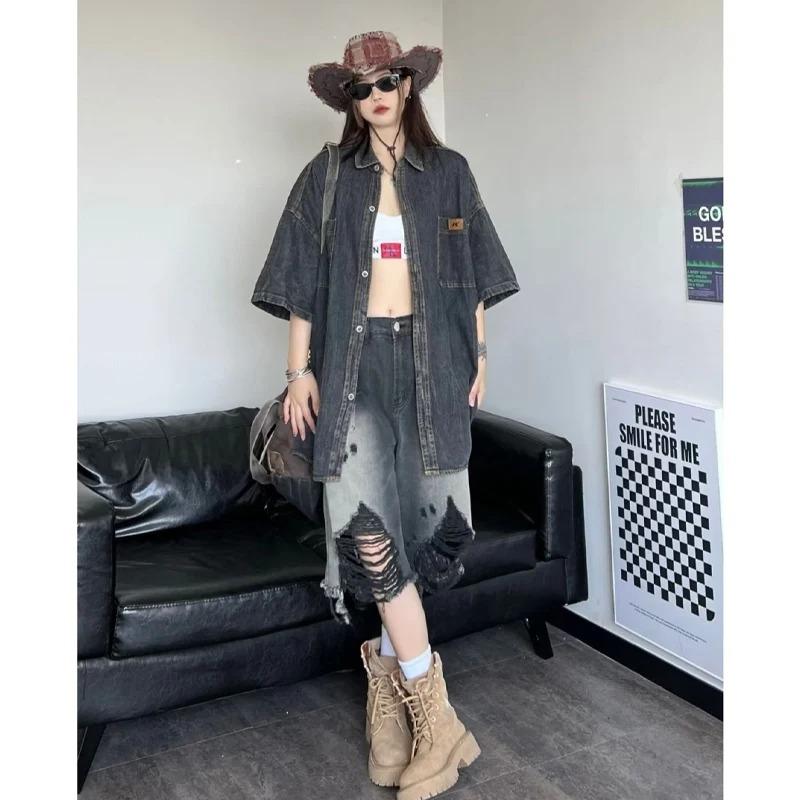 Shorts in Denim con Fori Harajuku Y2K Donna Streetwear Vintage Shorts Jeans Sfumati Shorts con Design Retro Americano Hip Hop
