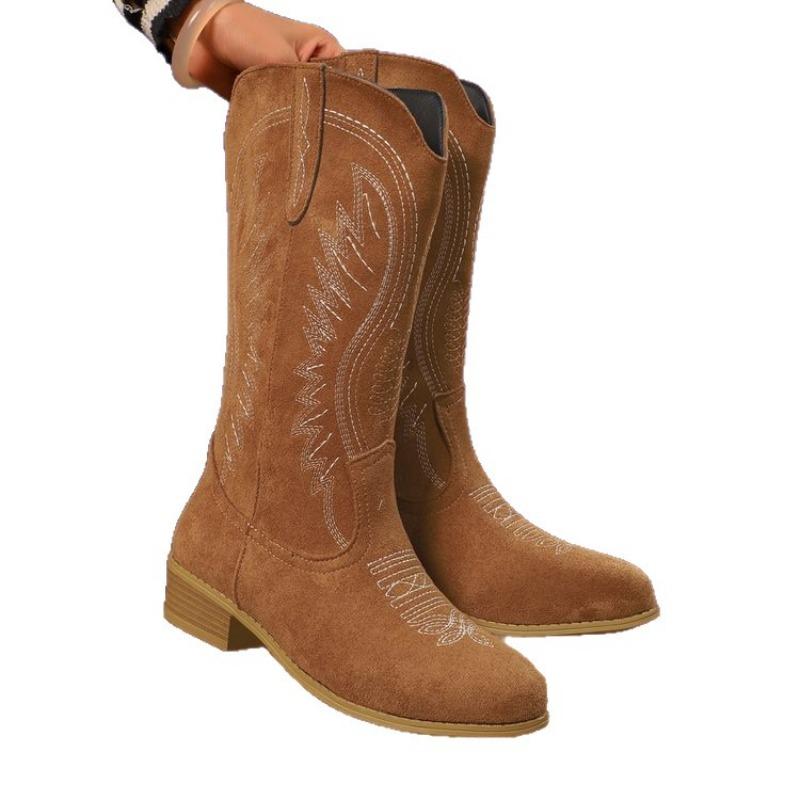 Women's Autumn Suede Western Cowboy Leather Boots - High Heel, Embroidered, Retro, Fashionable