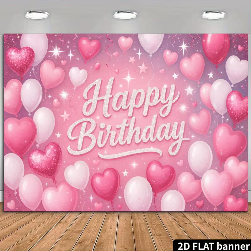 2D Pink Heart & Star Happy Birthday Backdrop Banner Party Photography Background
