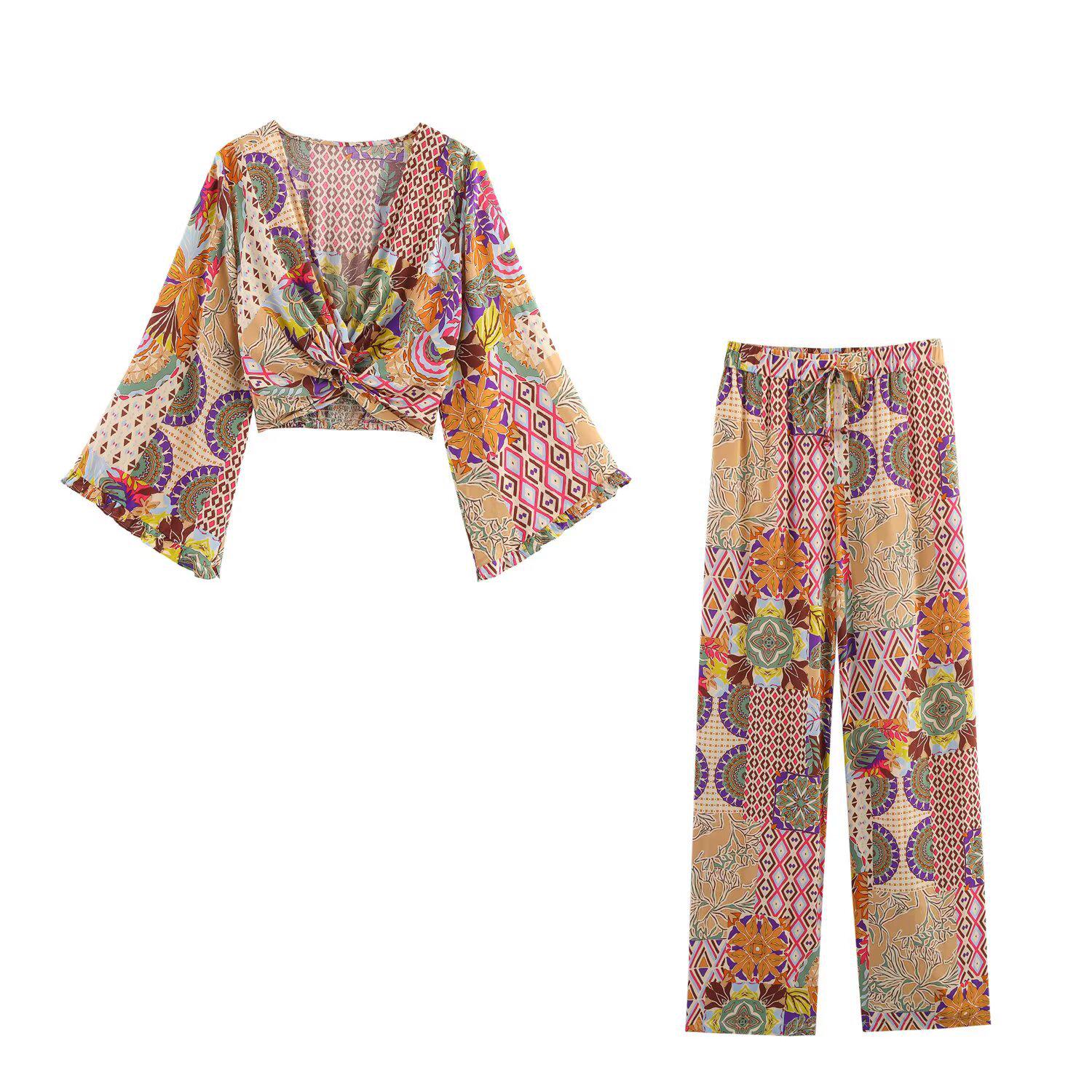 

Spring 2025 Women s Printed Twist Long Sleeve Top & Straight-Leg Pants Set M
