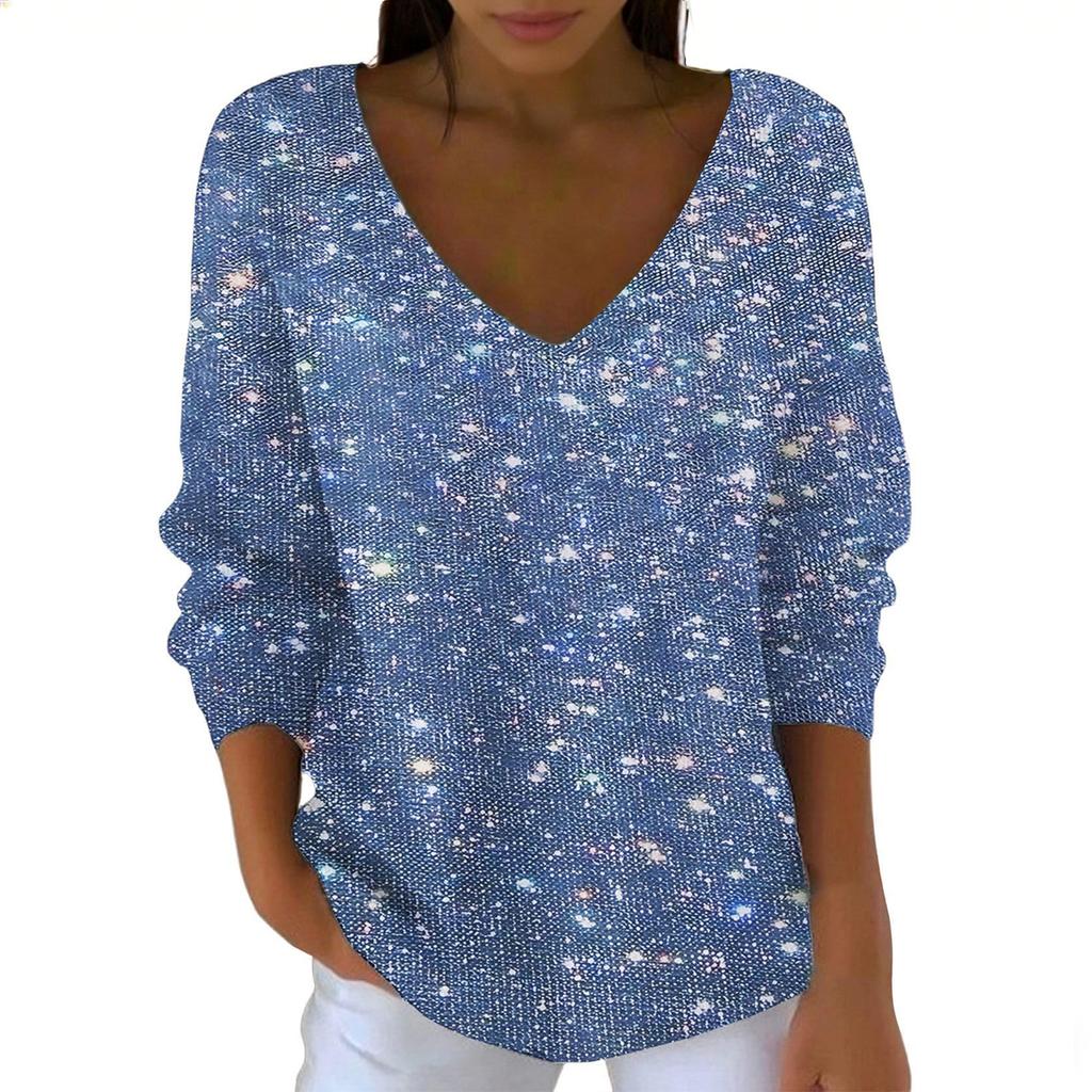 Women's Casual Daily Long-Sleeved V-Neck Faux Sweater Knitted Pullover Top With Sequins