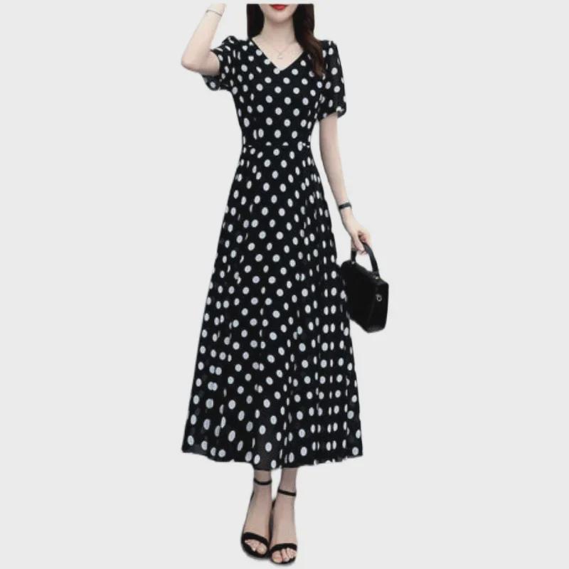 "Summer 2024 Polka Dot Chiffon Dress: Trendy Waist-Slimming, Knee-Length Skirt"