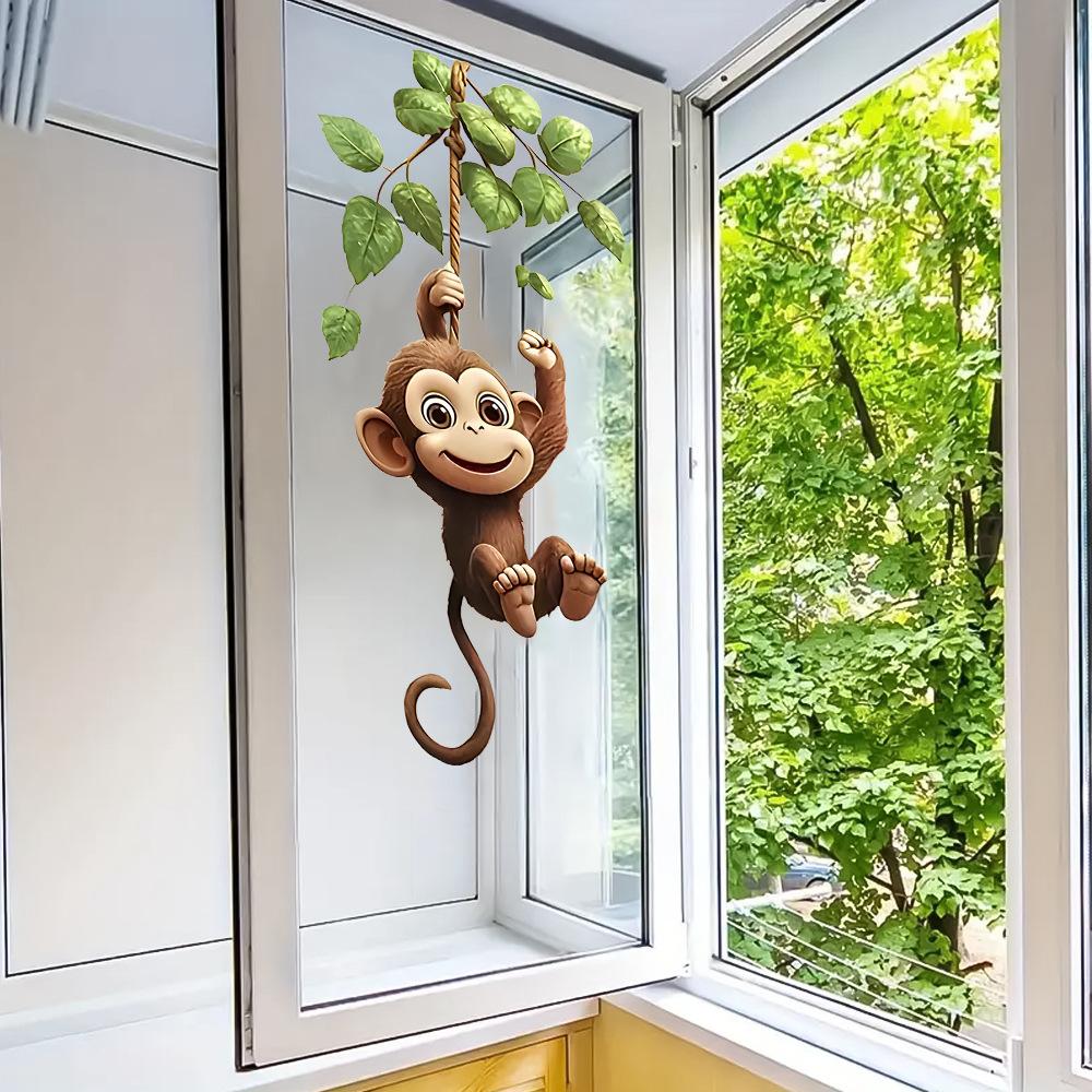 Playful Monkey Swinging on Vine with Green Leaves Static Cling Window Sticker Removable Self-Adhesive Glass Decal Home Decor Art