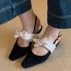 Bowknot Closed Toe Sandals Low Heel Summer Square Toe Shallow Mouth Temperament Flat Shoes Versatile No Tired Feet Single Shoes
