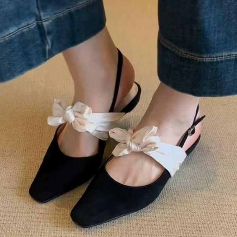 Bowknot Closed Toe Sandals Low Heel Summer Square Toe Shallow Mouth Temperament Flat Shoes Versatile No Tired Feet Single Shoes
