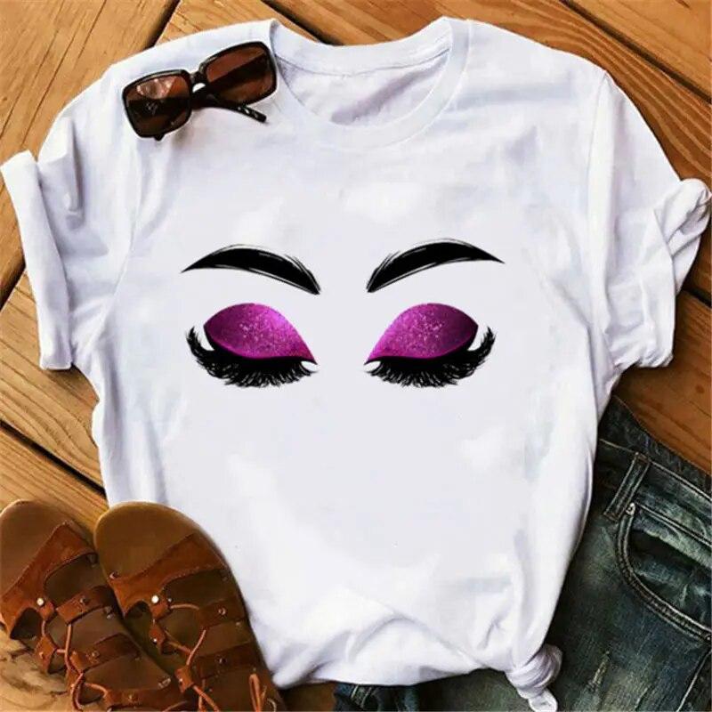 90 -х эстетические ресницы принты Tshirt Women Harajuku повседневная футболка Femme — фото 13