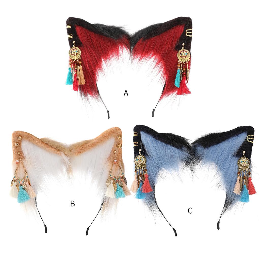 Plüsch Katzenohren Stirnband mit ethnischer Ohrringdekoration Plüsch Katzenstirnband für Filmliebhaber Erwachsenen Live-Übertragungskopfschmuck