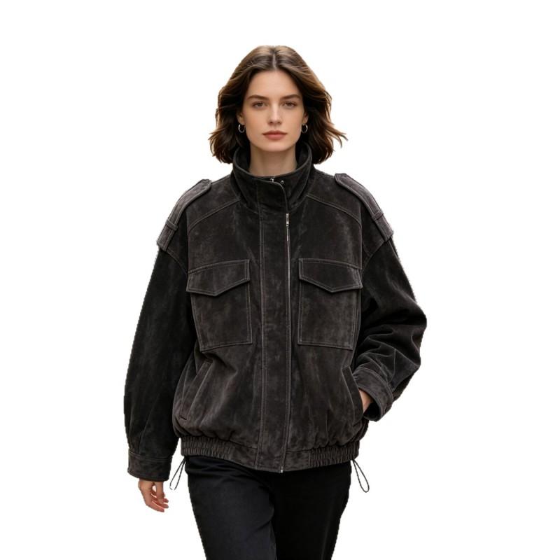 Womens Oversized Faux Leather Jacket In Vintage Streetwear Style PU Material Stand Collar Zipper Front Black Khaki