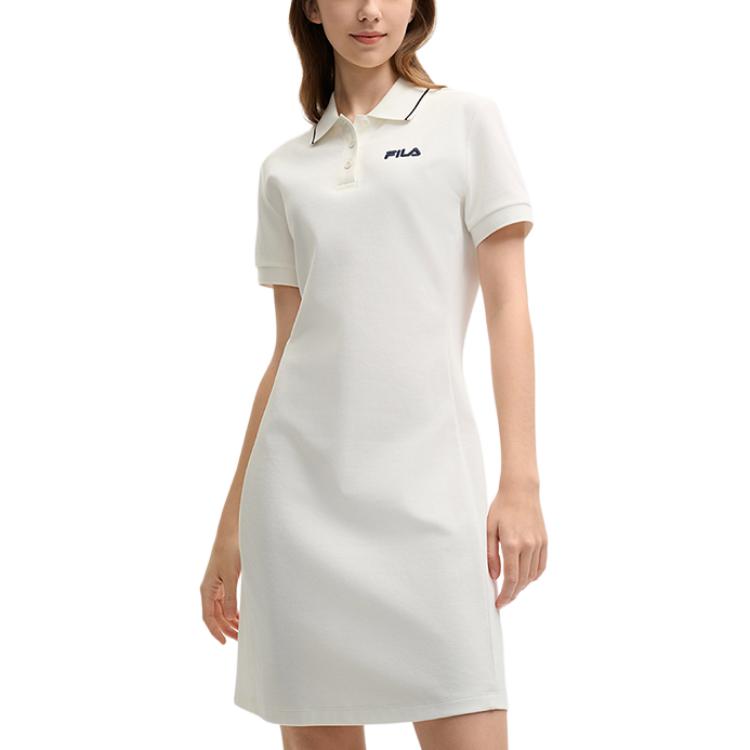 FILA Original Solid Color Casual Comfortable Versatile Polo Collar Short Sleeve Dress Women dresses Cloud-White F51W529316F-WT