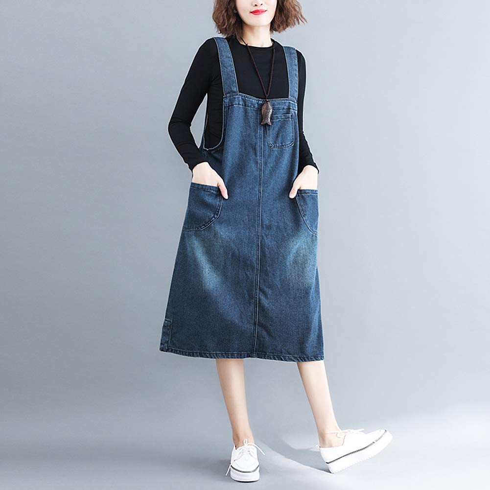 Anmida Denim Overalls Dress Relaxed Skirt, Fit, Stylish, Cute, Figure-Flattering, Pockets, Knee-Length, Spring/Summer