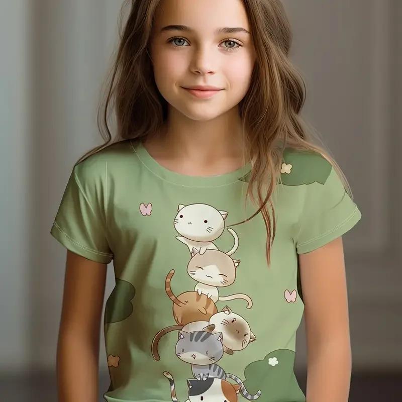 Kids Clothes Children's T-Shirt Girl Short Sleeve Top Cartoon Cat Kawaii Girls Summer Clothes Child T-Shirt