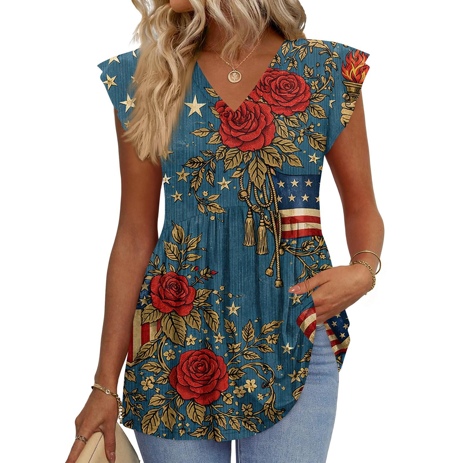 

Womens Tops Fashionable V-neck Ruffled Sleeve Short-sleeved T-shirt Business Blouses L синий