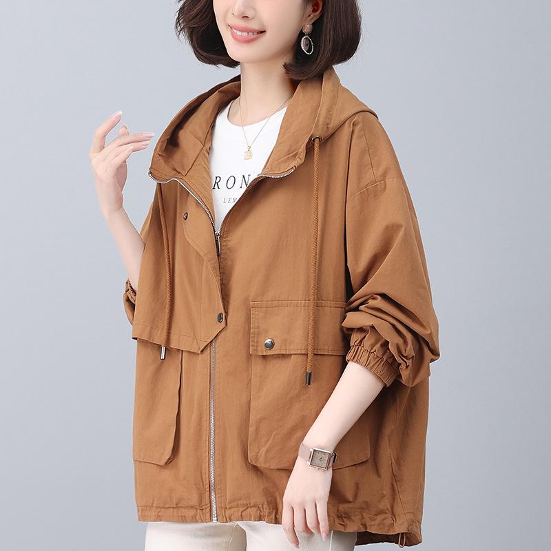 Stylish 2024 Women's Pure Cotton Hooded Jacket – Loose Fit, Plus Size, Casual Short Trench for Middle-Aged Moms