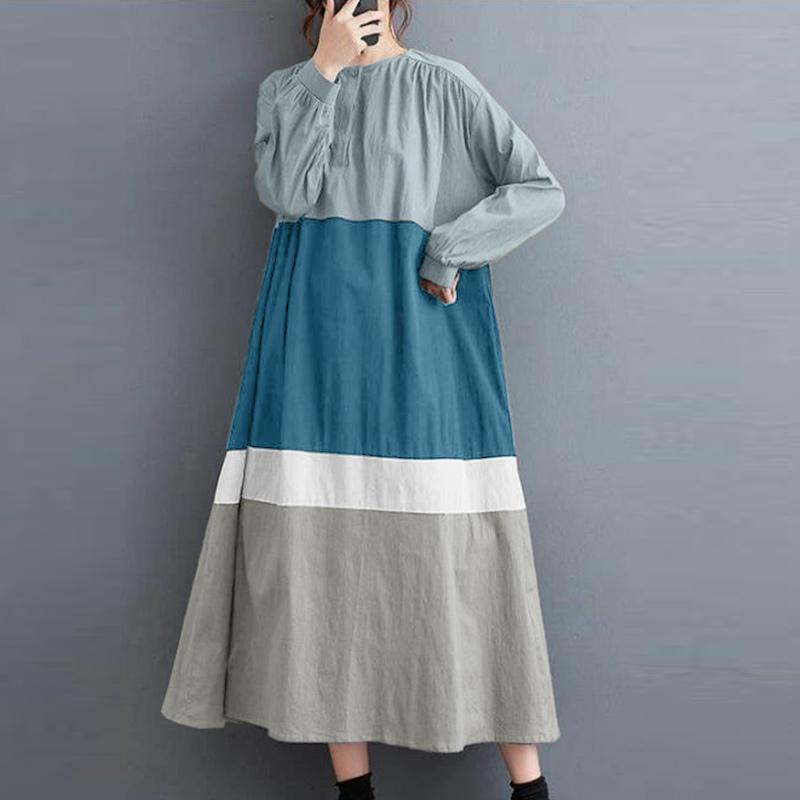 

ZANZEA Women Round Neck Long Sleeve Loose Casual Patchwork Long Dress 5XL синий