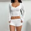 Women's Soft Sports Yoga High Waist Drawstring Casual Buttons Top Shorts Set