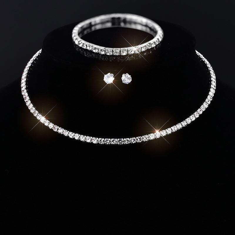 Zircon Set Luxury Flash Diamond Claw Chain Crystal Jewelry Bridal Full Diamond Earrings Bracelet Collar Set