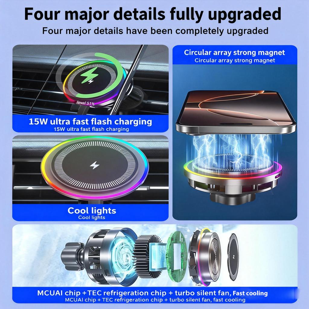 Smart Temperature Sensor Magnetic TEC Wireless Charging Car Holder Fast Charge with RGB Light for Mobile Phone Charging Stand