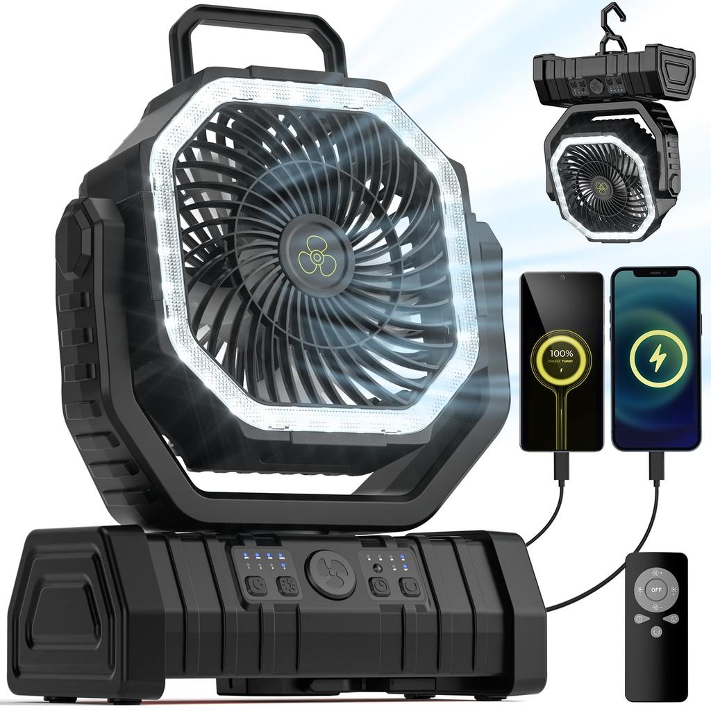Camping Fan 20000mAh Battery Powered Fan Rechargeable with LED Light Portable Outdoor Tent Fan with Hanging Hook 4 Speeds Wind