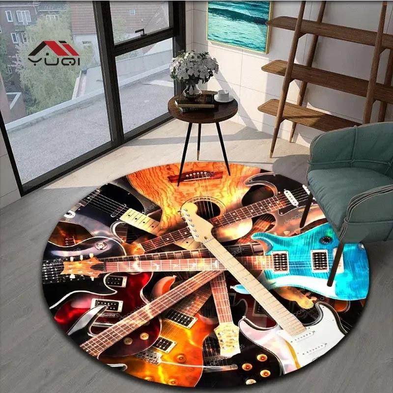 Guitar Music Round Area Rug – Soft Non-Slip Floor Mat for Living Room or Bedroom – Musical Pattern Carpet, 5 Sizes Available