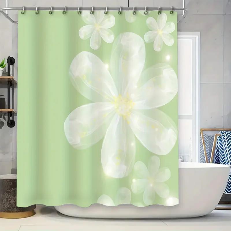 

Elegant Green Shower Curtain With White Flower Design - Waterproof And Durable Bathroom Decor For Fresh And Relaxing Space W60H190(CM)-1 Pcs