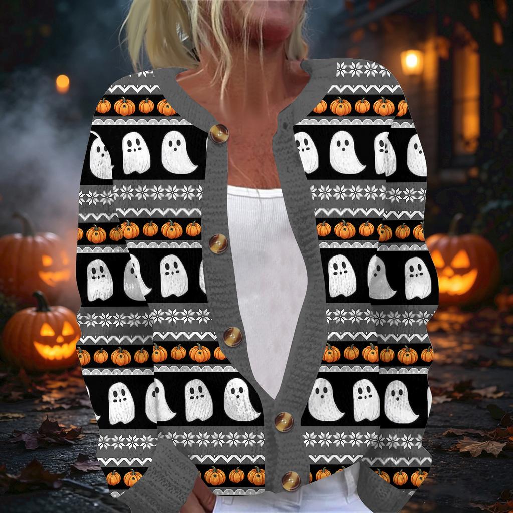 Women's Halloween Print Long Sleeve Knit Cardigan Button Front Sweater for Fall Outfits