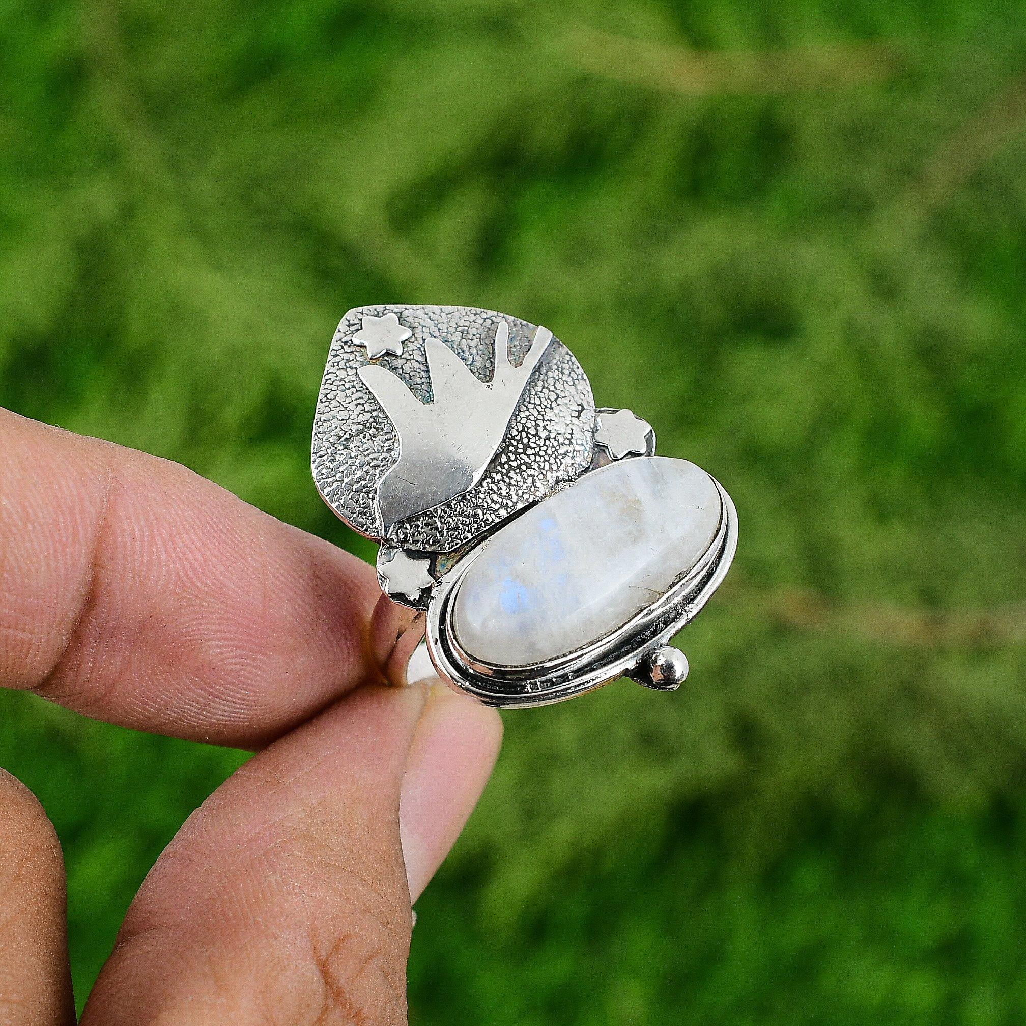 

Подарок для неё Натуральный Радужный Лунный Камень Заявление Птица Регулируемое Кольцо 925 Серебро Adjustable