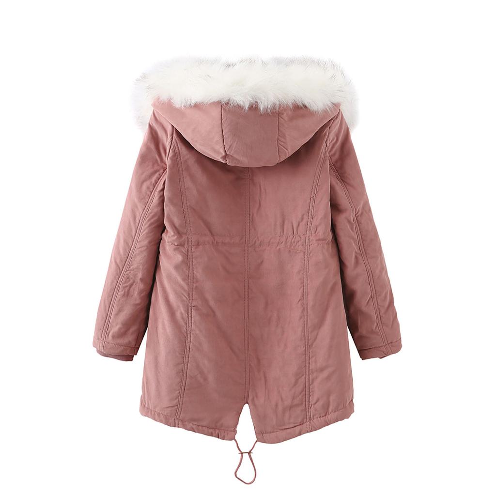 Damen-Wintermantel mit langer Verdickung und warmem Samt, lässig, mit Hut