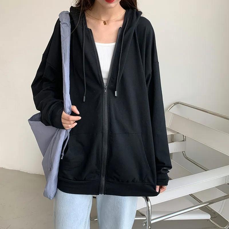 Damen-Kapuzenpullover mit Reißverschluss und Kapuze für Frühling und Herbst, koreanische Version des College-Stils, lockere, einfarbige, langärmelige Strickjacke, dünner Mantel