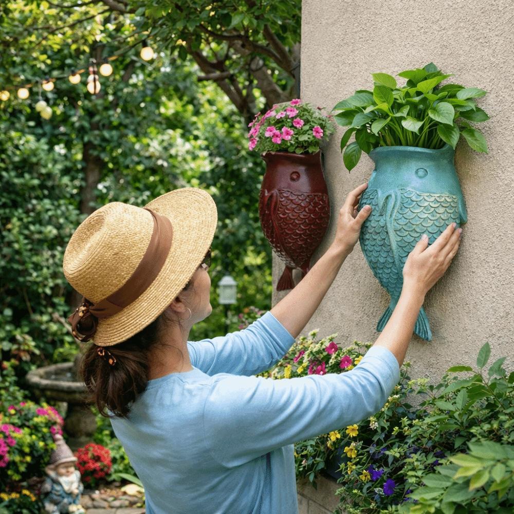 Adornos de Peces Estilo Rústico Macetero de Pared sin Taladro Cerámica Floral Decorativa Única Exterior