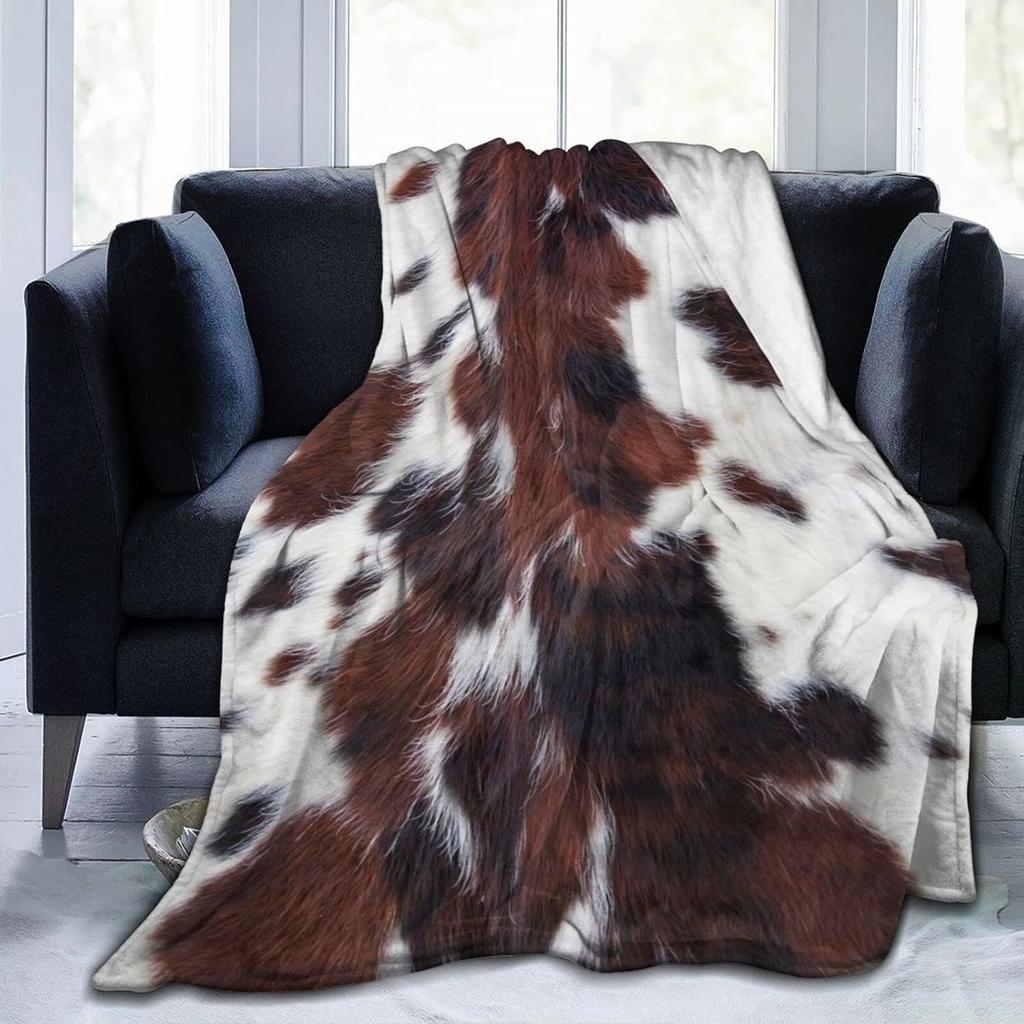 Cowhide Print Flannel Blanket, Cow Fur Print Flannel Throw Blanket Gift for Kids Adults, Soft Fleece Blanket for Couch Sofa Bed