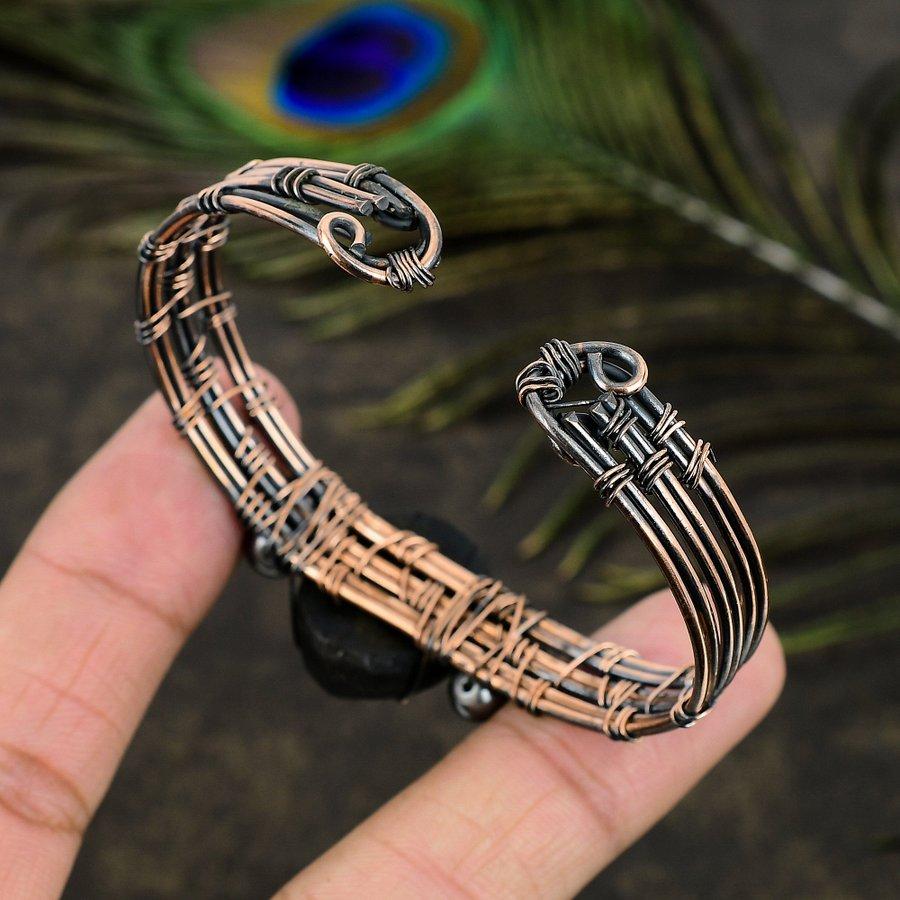 Natural Black Tourmaline Gemstone Copper Wire Wrap Cuff Bangle Adjustable B0s64