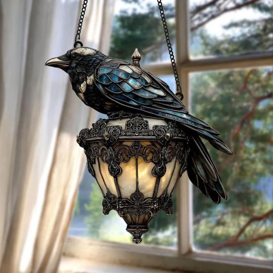 Raven On Lantern Suncatcher Decoration Indoor Outdoor Gothic Halloween Crow