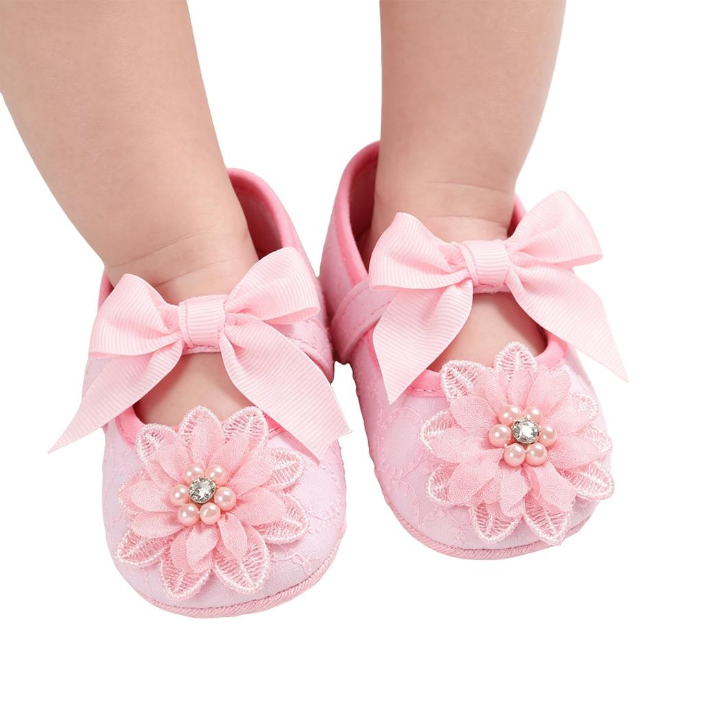 Baby Soft Sole Shoes for Infants Toddler First Walkers Lightweight Comfortable Breathable Material with Decorative Bow and Flower Design