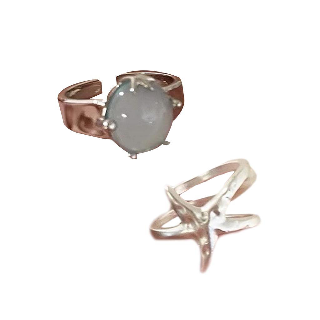 Pack of 2 Adjustable Starfish Inspired Open Rings with Artificial Gemstones for Women Daily Wear or Party Jewelry