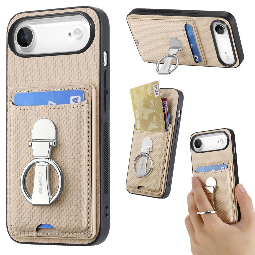 Para iPhone Capa Traseira de Couro Air para Celular com Suporte e Porta-Cartões Textura de Fibra de Carbono