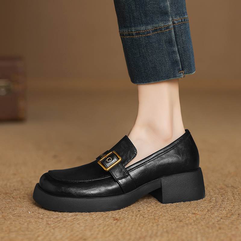 Krazing Pot Cow Skin Autumn Winter Shoes Chunky Heels Size 43 Size 42 Round Toe Slip on Metal Buckle Deep Mouth Pumps