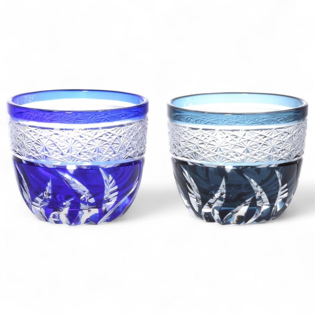 Mizukage Kiriko Pair of Glasses for Cold Diameter 60mm x Height Blue Ink Bisho Current Model J-kitchens Sake, 50mm, 70cc, Obi-shibori & Blue,