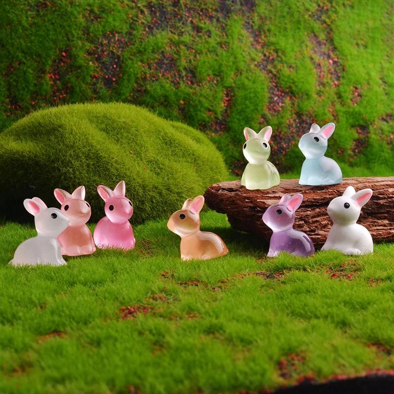 10pcs Cute Mini Luminous Resin Bunnies Miniature 3D Little White Rabbit Ornament Micro Landscape Dollhouse Decoration Diy Toys