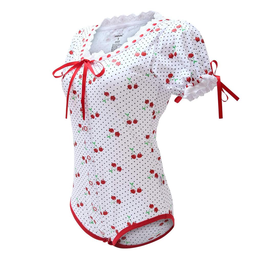 LittleForBig Adult Lolita Romper Cherry Ribbon Bow Lace Cotton Size S [Sparkling Print] Pajamas,