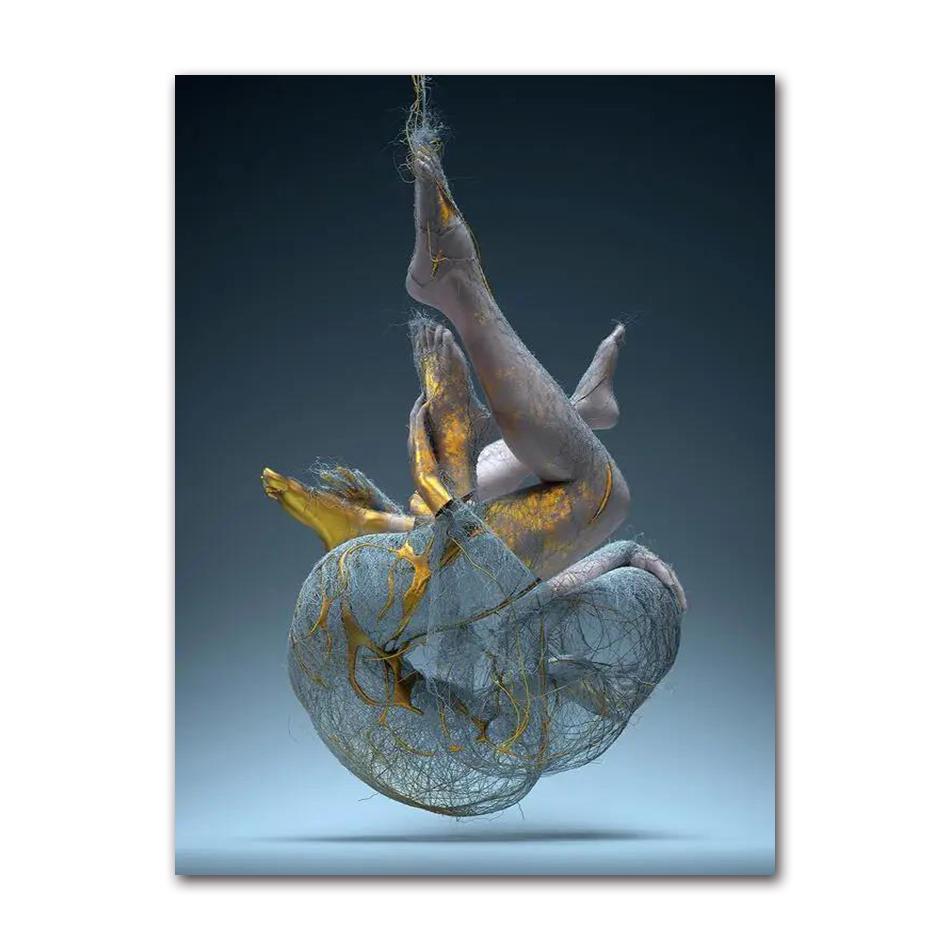 Abstract Metal Figure Statue Canvas Painting Poster and Prints Golden Portrait Sculpture Wall Picture for Living Room Home Decor