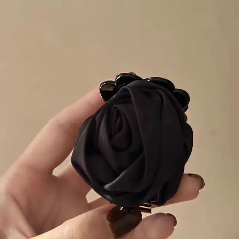 French Big Double Rose Flower Hair Claw Clips for Women Girls Vintage Satin Solid Fabric Handmade Shark Hairgrip Accessories New